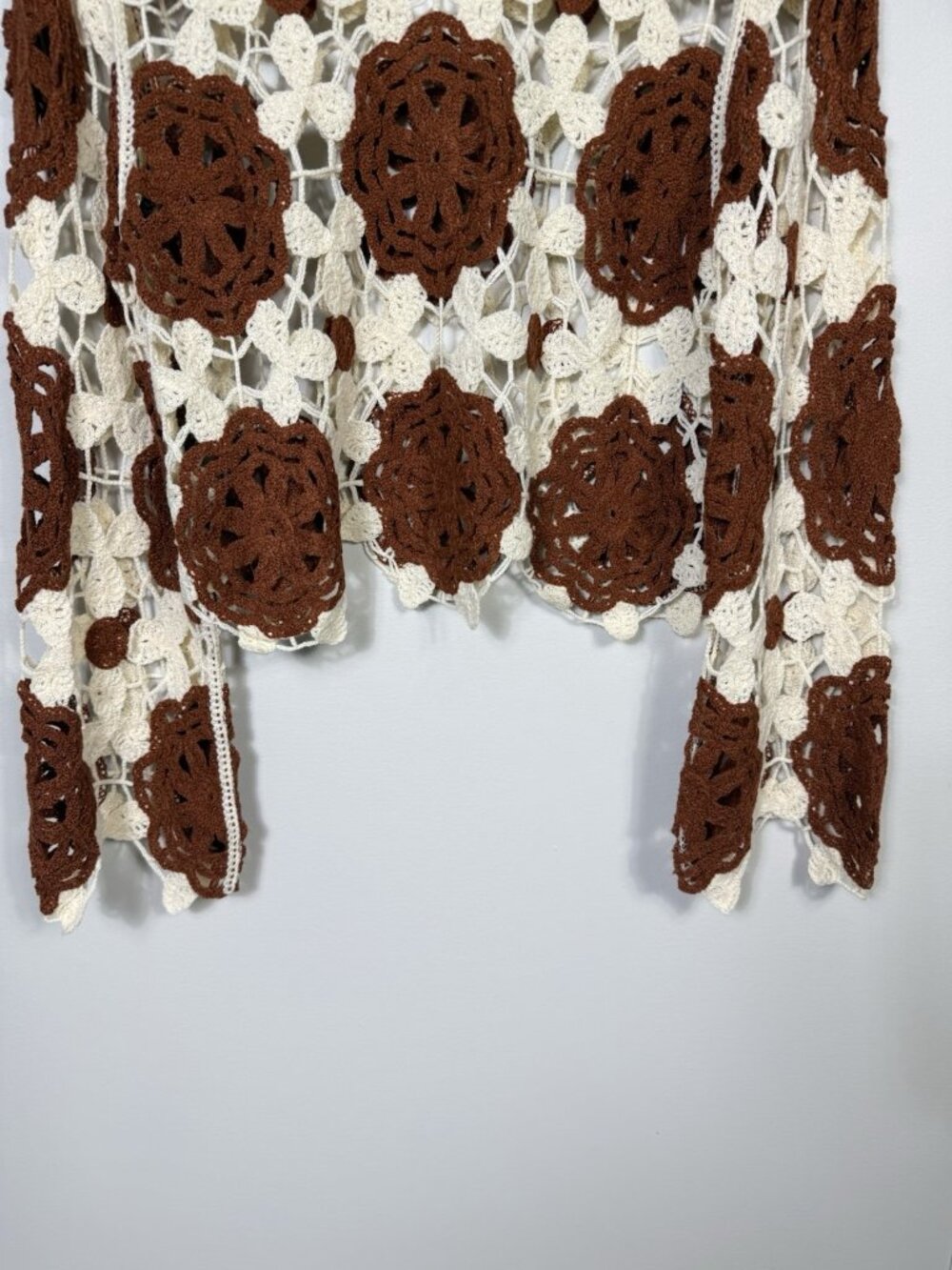 Rebellion Again Crochet Sweater Womens L Brown White Floral Open Boho Festival - Picture 5 of 11